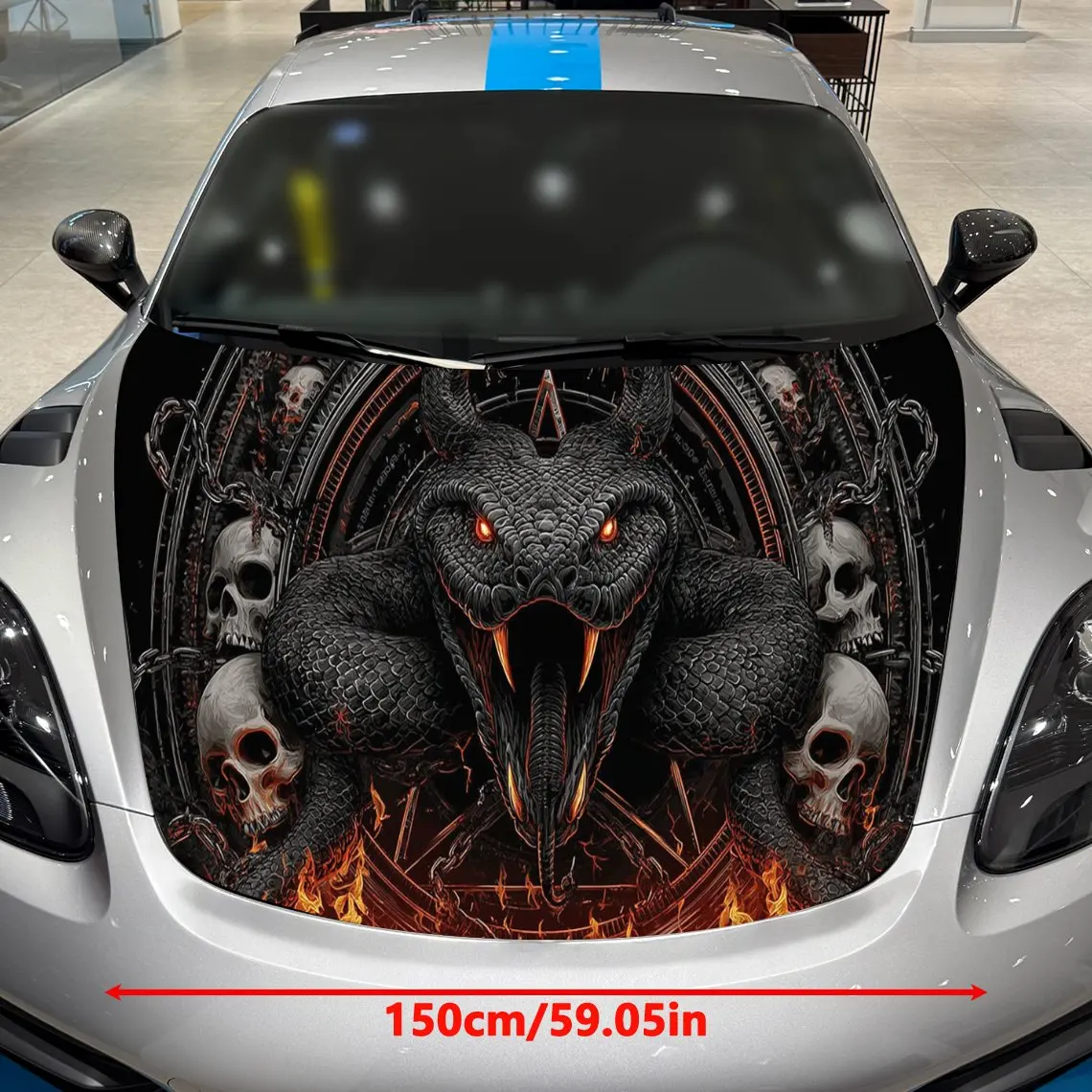 Dark Fire Snake & Skull Car Vinyl Wrap, PVC Material Waterproof Car Hood Sticker, Self-Adhesive Scratch-Resistant Stickers for E