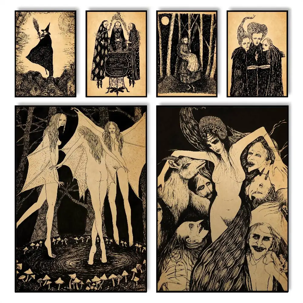 Abstraktes Retro-Wald-Hexenhaus-Kunstposter, Wandkunst, Druckkunst, geeignet für Wohnzimmer, Schlafzimmer, Bar, Salon, Heimdekoration, Geschenk