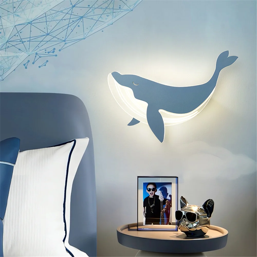 Children\'S Room Blue Dolphin Rabbit Acrylic Led Wall Lamp Kids Bedside Study Hallway Kindergarten Sconces Home Deco Night Lights