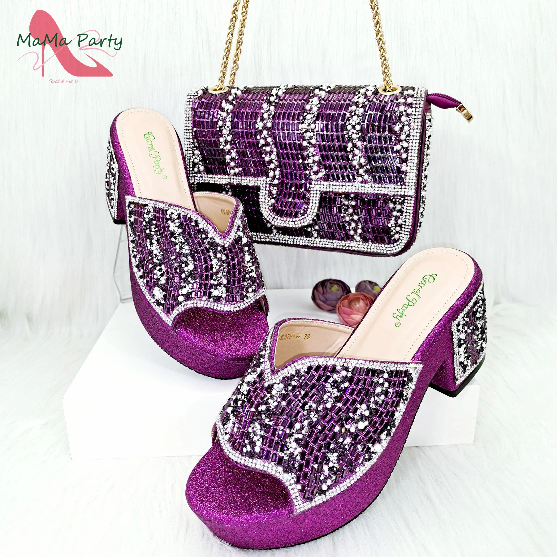 

2023 Italian Design Novelty Style Nigerian Women Shoes and Bag Set in Purple Color High Quality Slipper for Dress