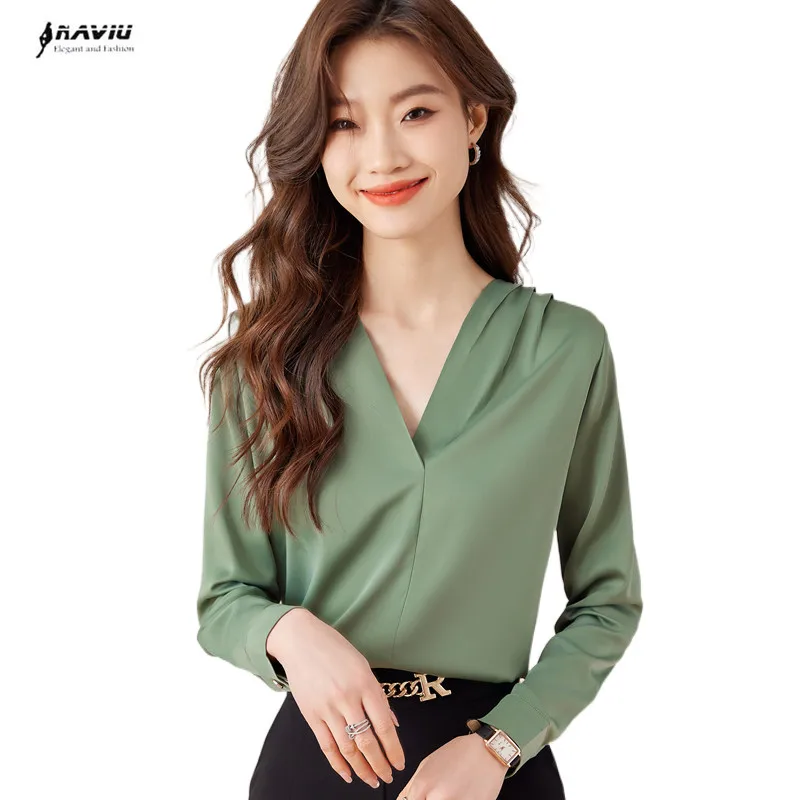 NAVIU Fashion Elegant Shirt Women New Spring V Neck Temperament Chiffon Long Sleeve Blouses Office Ladies Work Tops