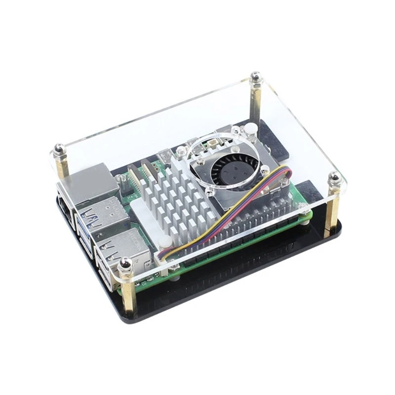 팬과 방열판이 있는 아크릴 하우징 RPI 5 보드용 최적의 냉각 케이스