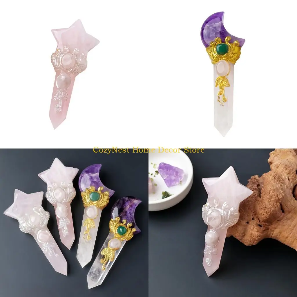 92MF Artistic Moon Star Crystal Wand Natural Stone Mystical Stick Spiritual Charm For Positive  And Home Styling Decors