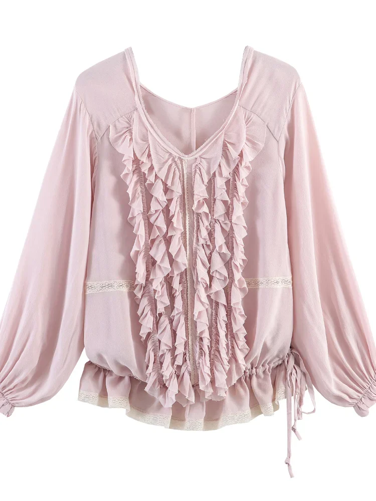 

Розовая женская блузка с рюшами и кружевом, шикарная свободная блузка с оборками и завязками по низу, 2026. Уютные топы для дома и отдыха.