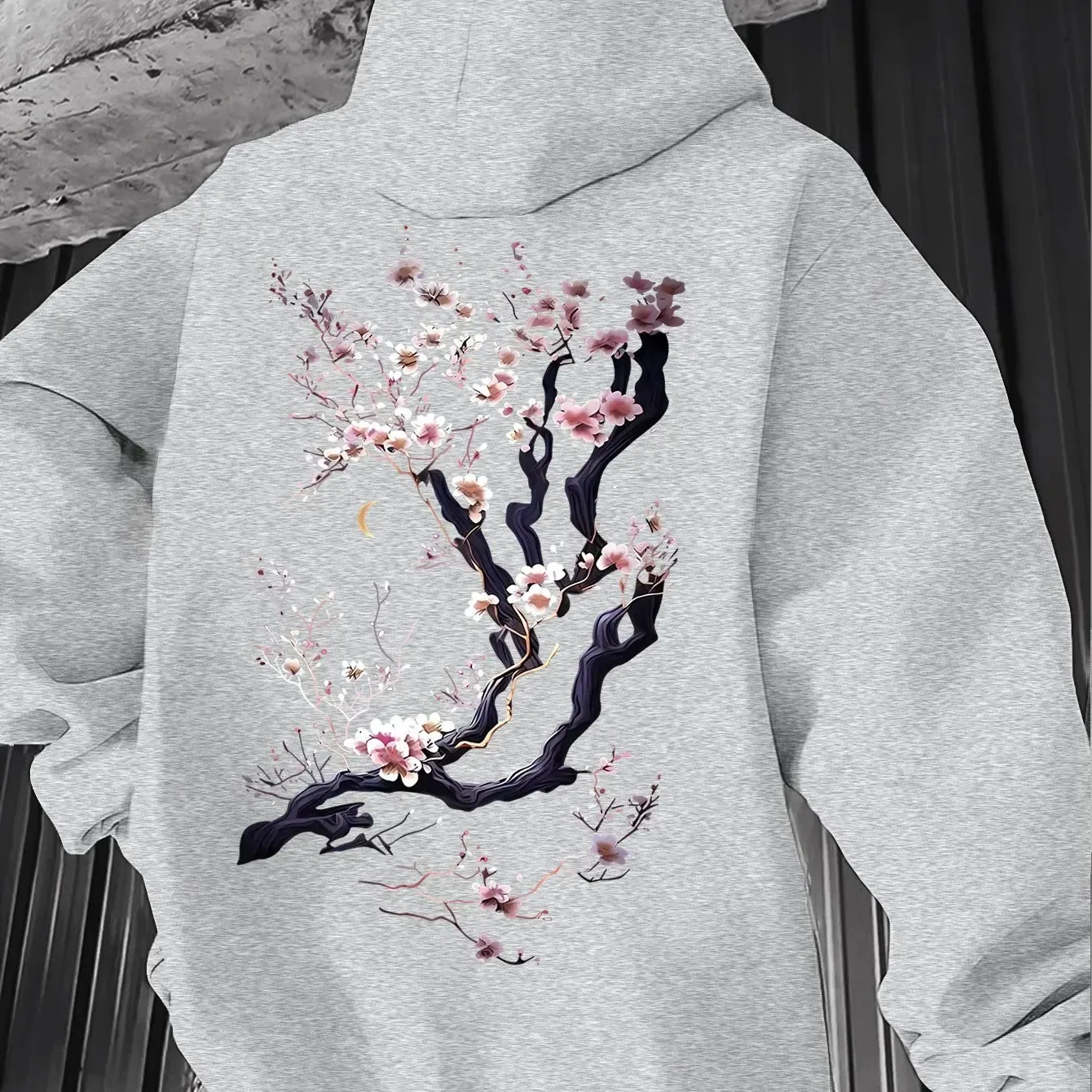 2026 Men'S Hoodie Designed with Retro Ink Wash Style Cherry Blossom Branches Reflecting Eastern Aesthetics Made from Knit Fabric