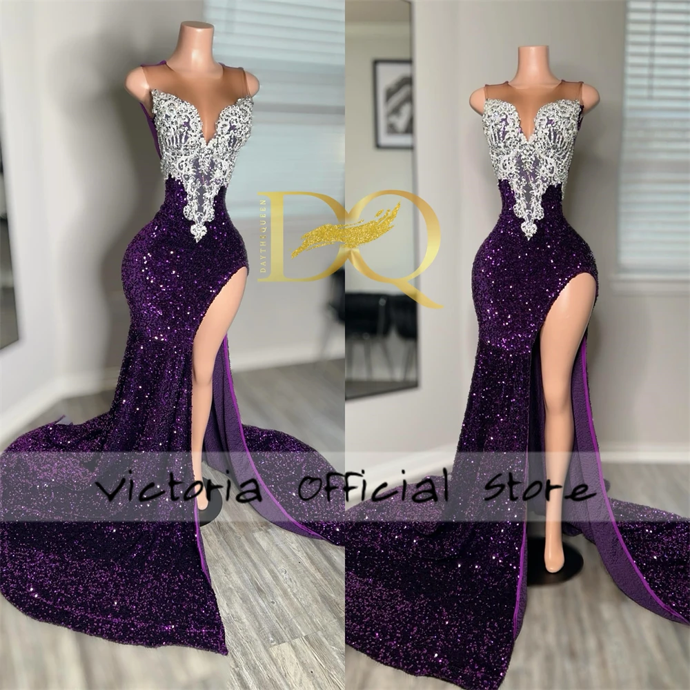 Sexy Purple Velvet Sequin Split Rhinestone Black Luxury Prom Dress 2024 Black Girls Mermaid Birthday Party Dress Customized