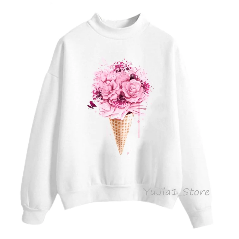 

2022 women Pink flowers ice cream print kawaii hoodies women autumn clothes winter womens sweatshirt tumblr tracksuit turtleneck