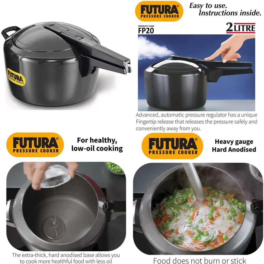 

Hawkins Futura 5 Litre Pressure Cooker, Hard Anodised Inner Lid Pressure Cooker, Pan Cooker, Black (FP50)