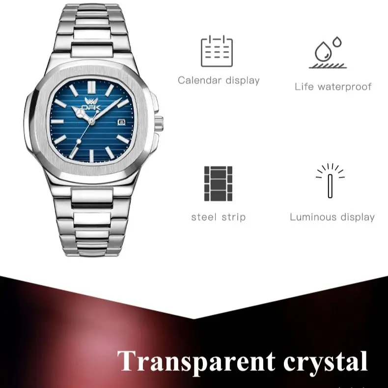 Opk 6055 novo relógio masculino quadrado à prova dwaterproof água luz noturna data semana relógio masculino de quartzo aço inoxidável marca luxo reloj + caixa