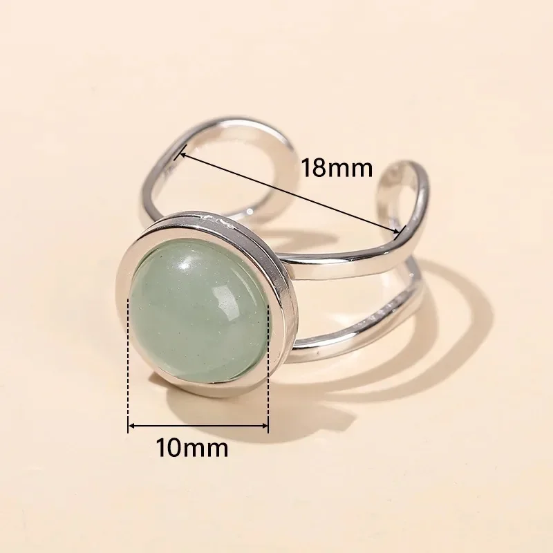 10mm Healing Natural Stone Stainless Steel Open Rings Women Rose Quartz Green Aventurine Adjustable Crystal Jewelry