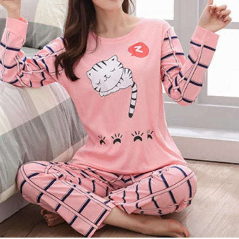 Cartoon Cotton Pajamas Women\'s Spring and Autumn Models Long-sleeved Home Service Women\'s Simple Loose Casual Suit Large Size