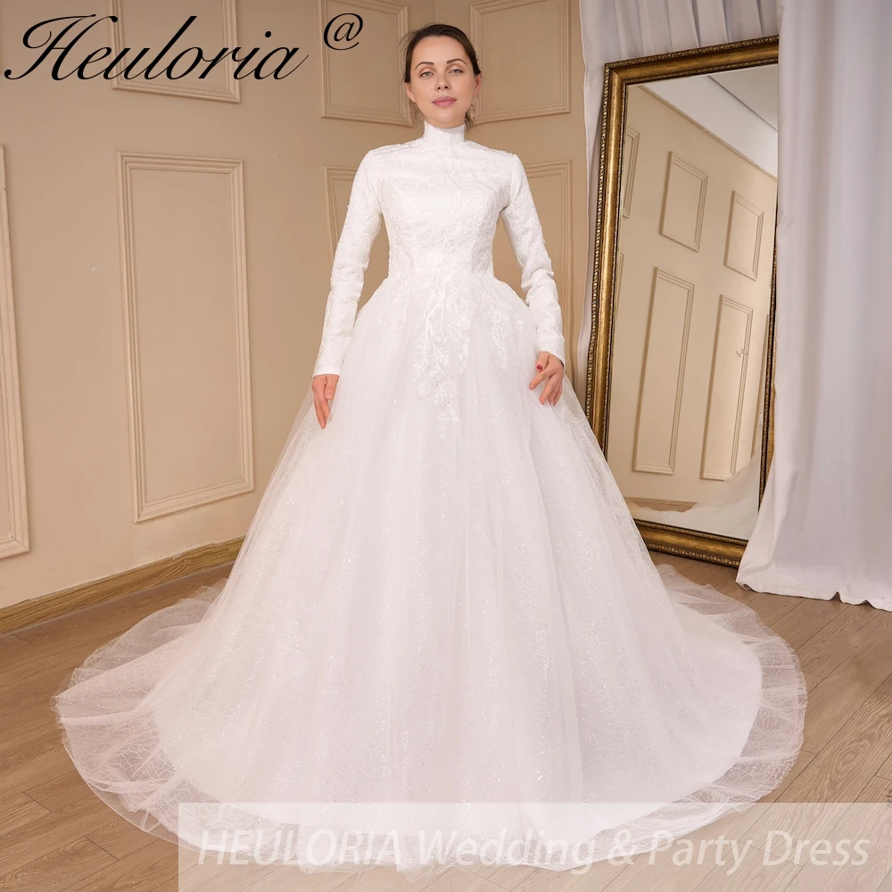 HEULORIA Luxury Princess Wedding Dress long sleeve bridal dress Plus size Lace Bride Robe De Mariee Muslim Wedding dress