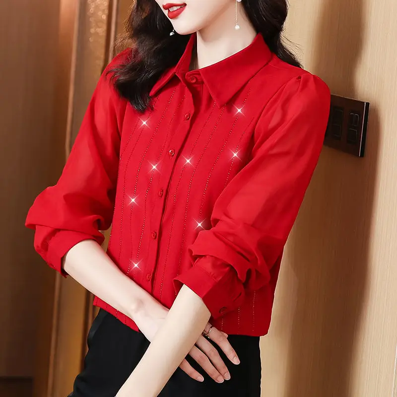 Mode Dames Heldere Zijden Vintage Knoopshirt 2023 Lente Nieuwe Forens Elegante Polo-Hals Effen Damesblouse Met Lange Mouwen