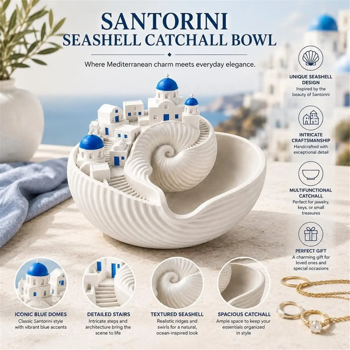 Santorini Catchall Bowl, Shell Key Bowl for Keys Jewelry Coins, Greek Island Trinket Dish for Entryway Table Dresser