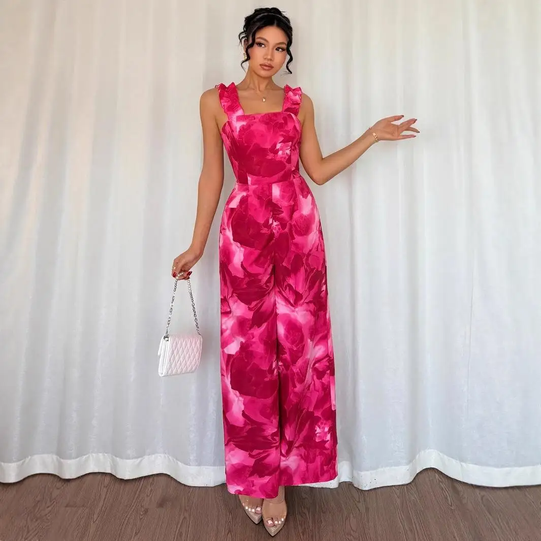 Neue hohe Taille rosa Blumendruck träger lose einteilige Rer Damen Cleanfit Sle Svel dünne Stoff Ciwalk