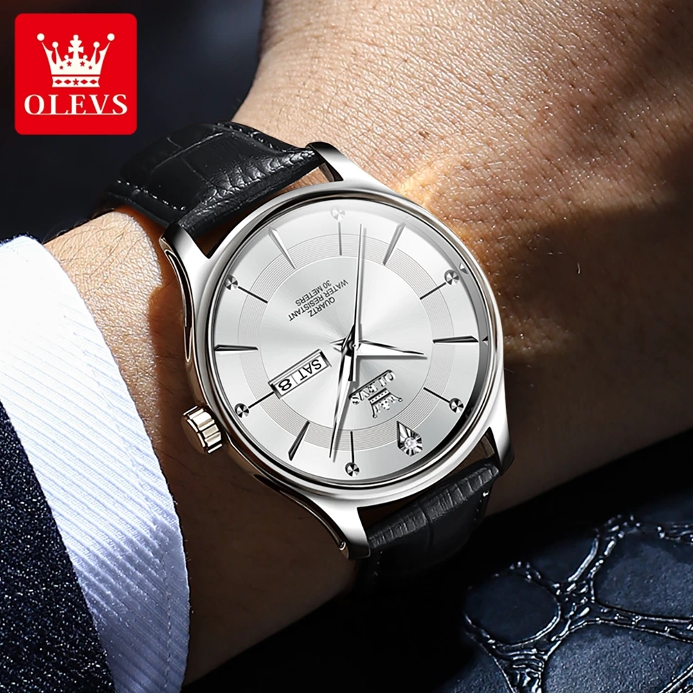 OLEVS NEW Men\'s Watch Stainless steel Simplicity Dress Waterproof Date Week Quartz Wristwatch Man Leather Strap Men\'s Wristwatch