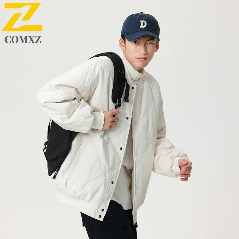 COMXZ 2025, Winter-Plüsch-Polsterjacke für Herren, trendiges Spleißen, dicke Thermo-gepolsterte Jacke, lässiger Outdoor-Ski, winddichter Fleece-Parka