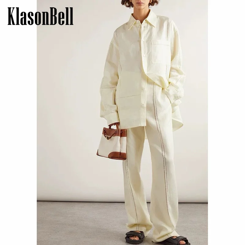 

6.24 KlasonBell Women Fashion Linen Hollow Out Embroidery Long Sleeve Loose Shirt Or Straight Pleated Waist Pants Casual Set