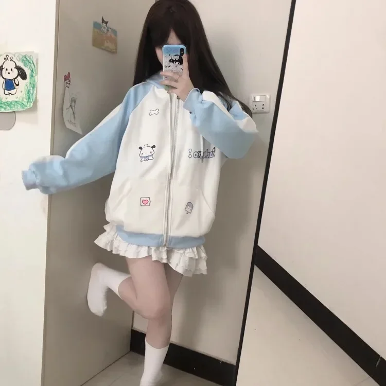 Harajuku Kawaii Little Bear Ears Hoodie Tops Autumn New Blue White Sweatshirts Y2k E-Girl Long Sleeve Zipper Sweatshirt Coats