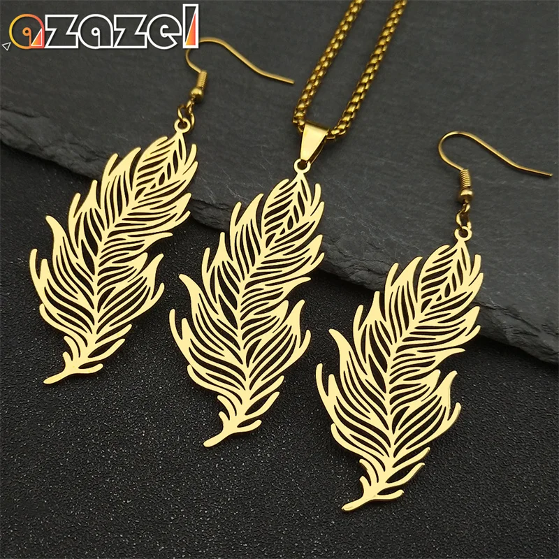

Fashion Gold Color Feather Pendant Necklace Earrings for Women Men Stainless Steel Leaf Shaped Sweater Chain Girls Jewelry Set