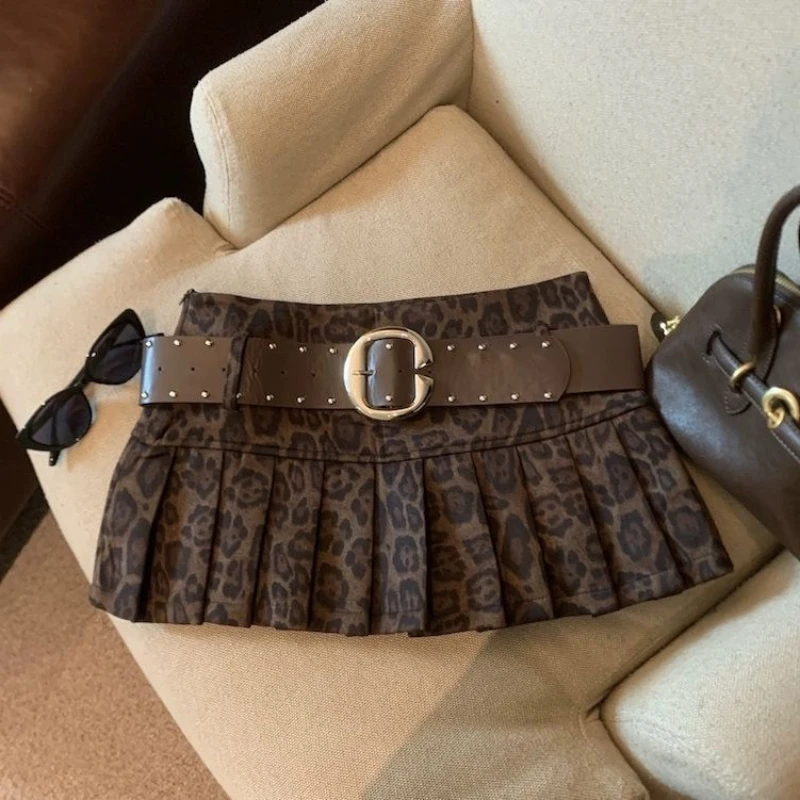 Y2k Aesthetic Leopard Vintage Grunge Zipper Skirts Streetwear A-line Ruffled Mini Jupe Harajuku Women Belt Decorative Skirt