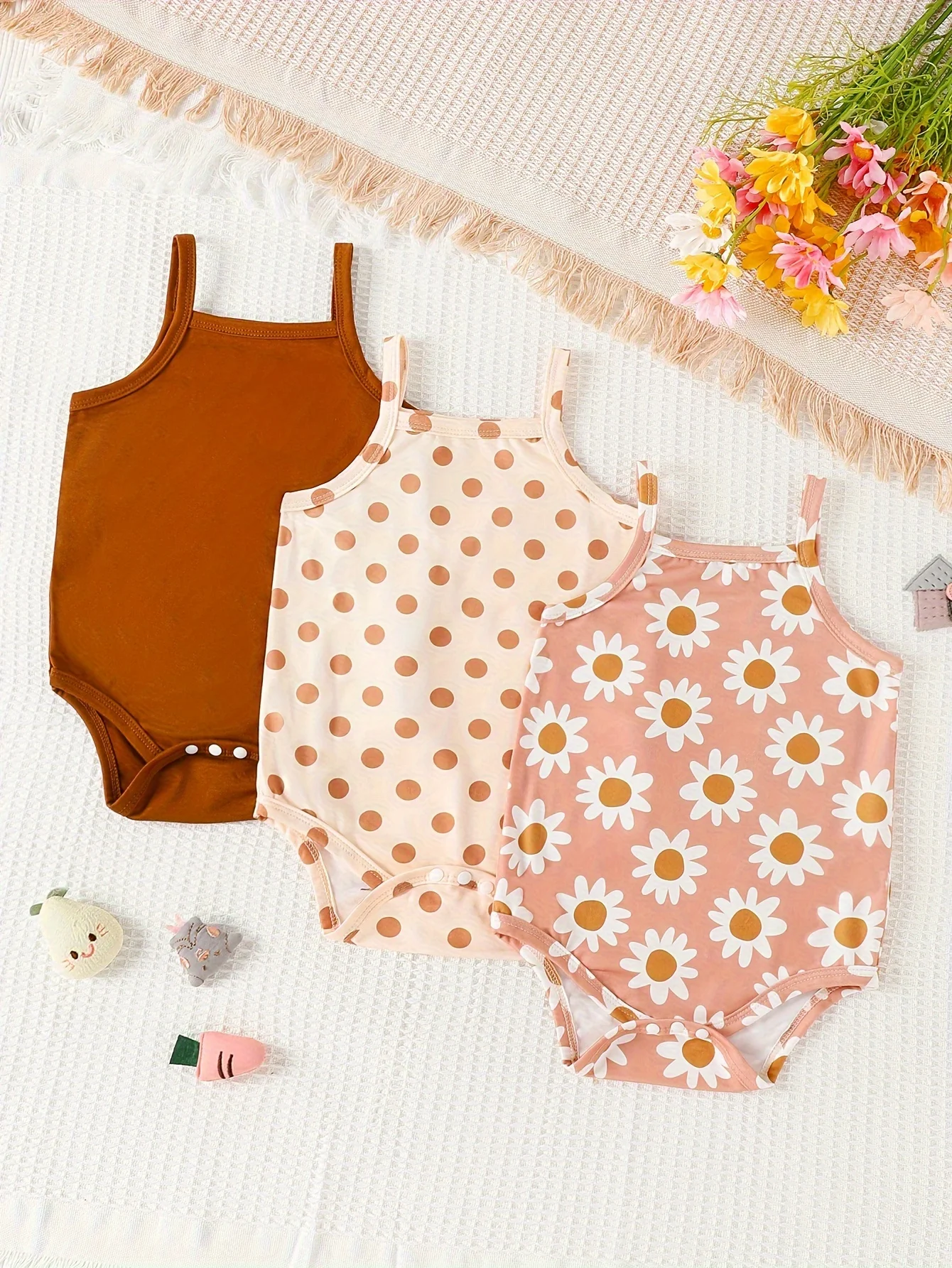 Summer Baby Girl Newborn Baby Sling Onesie 3 Pieces Cute Polka Dot Flower Pattern Cool Breathable Comfortable Onesie