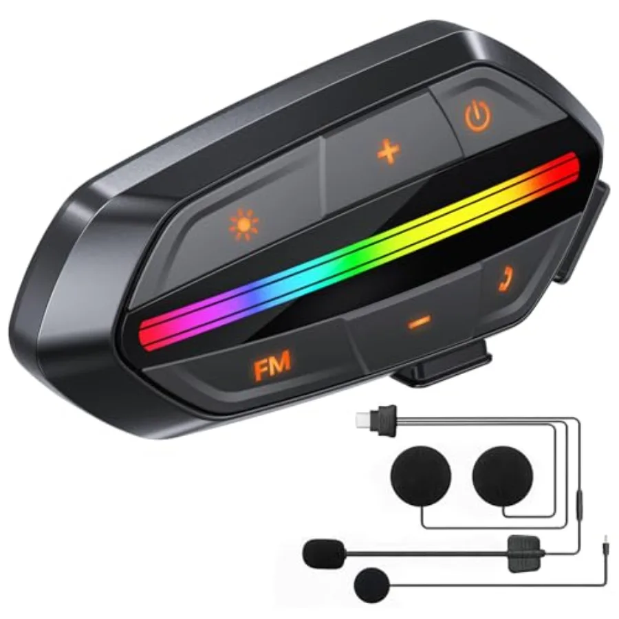 

Мотоциклетная Bluetooth-гарнитура, динамики для шлема с Bluetooth 5.3, громким звуком, RGB-подсветкой и аккумулятором 1000 мАч, шумоподавление
