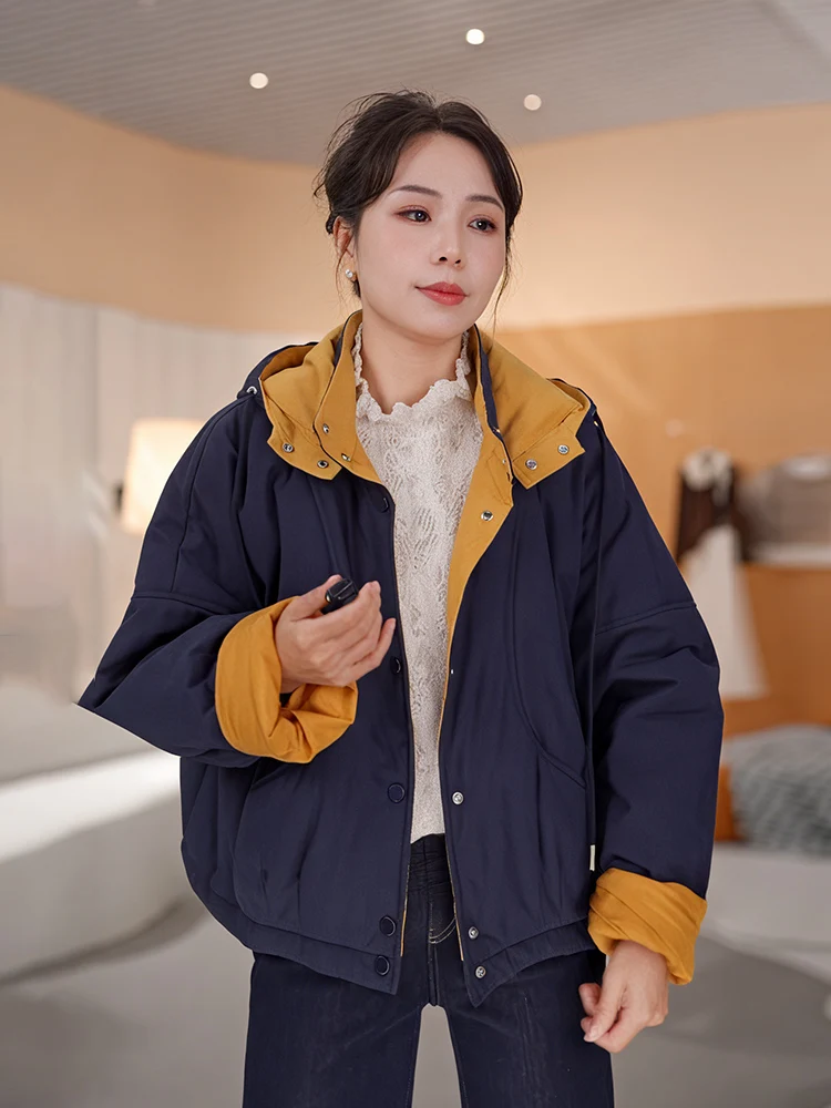 

Высококачественная хлопковая куртка с капюшоном для женщин, свободного кроя, в стиле колор-блок, модная, антивозрастная, осенне-зимняя верхняя одежда для повседневной носки и поездок на работу