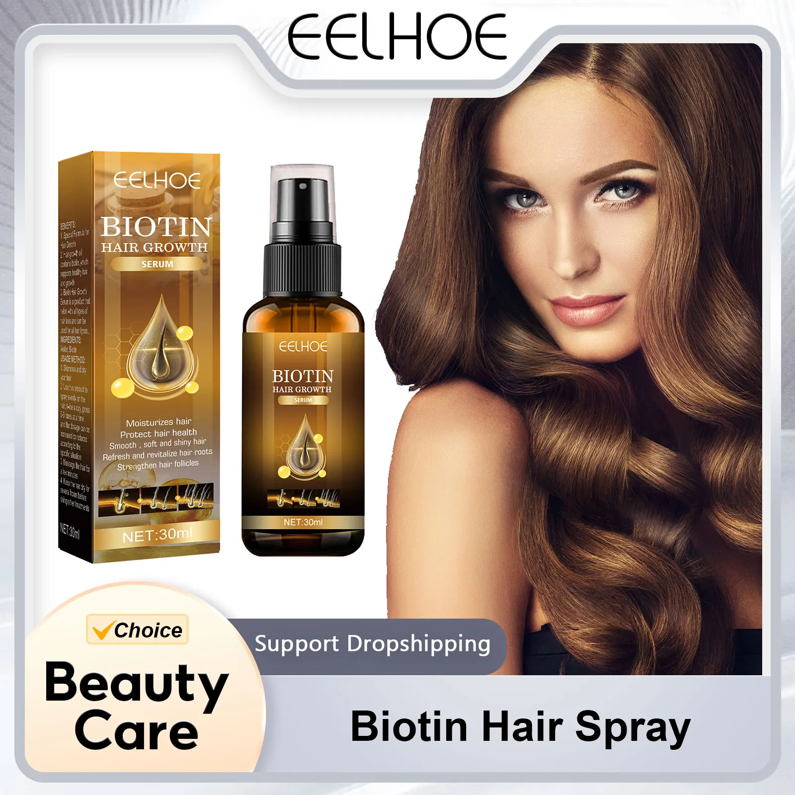 

EELHOE Biotin Hair Spray Anti Loss Repair Baldness Scalp Treatment Dense Hair Growth Strengthening Hair Fast Growth Serum 30ml