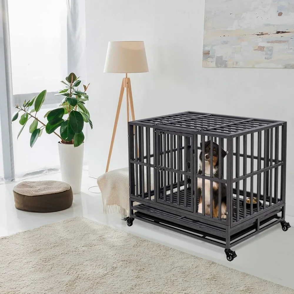 Heavy and indestructible metal dog cage for large dogs, anti escape dog cage with wheels, detachable tray