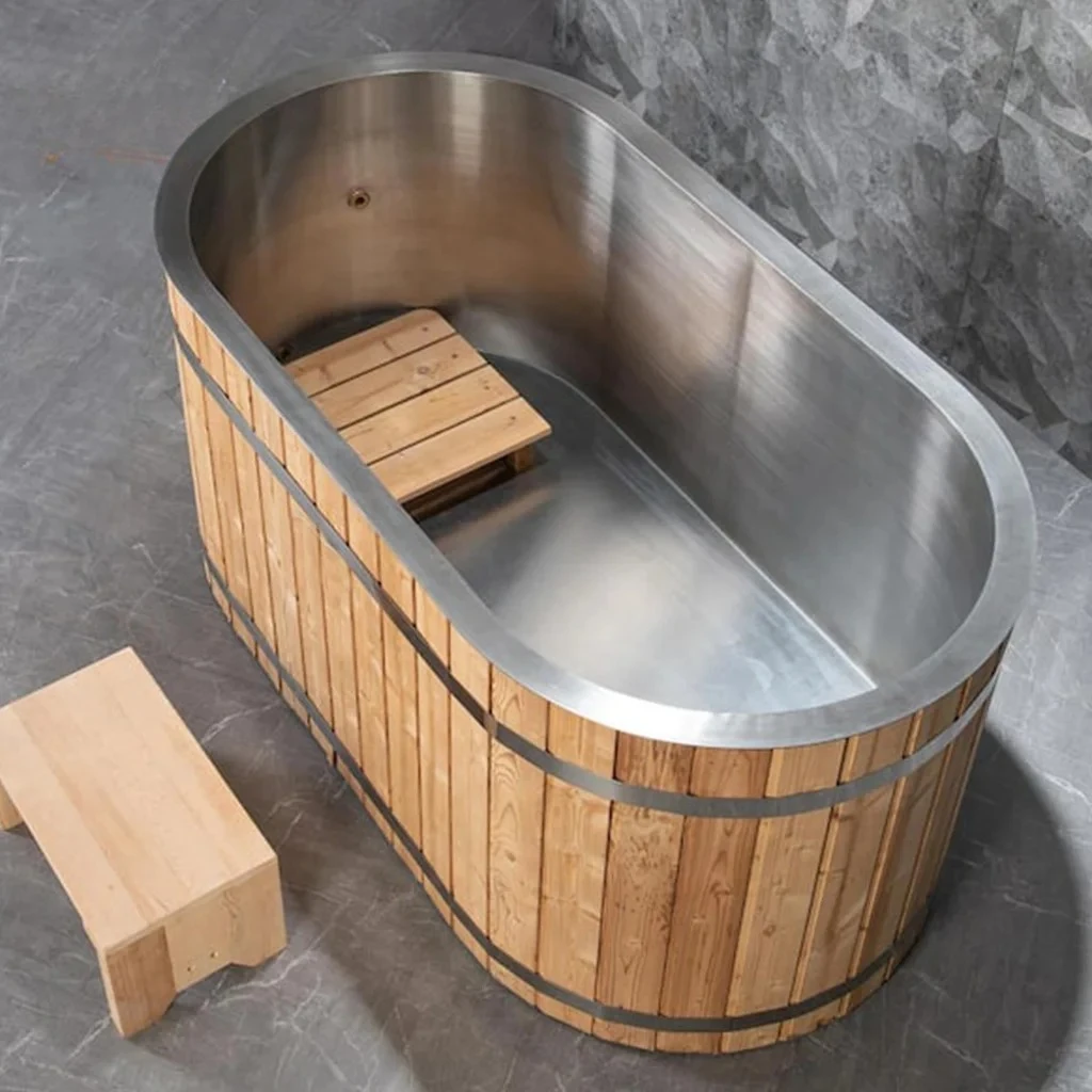 Freestanding Bathtub, Wooden, Cold Water Therapy Soaking Tub, Suitable for Spa Fitness Recovery