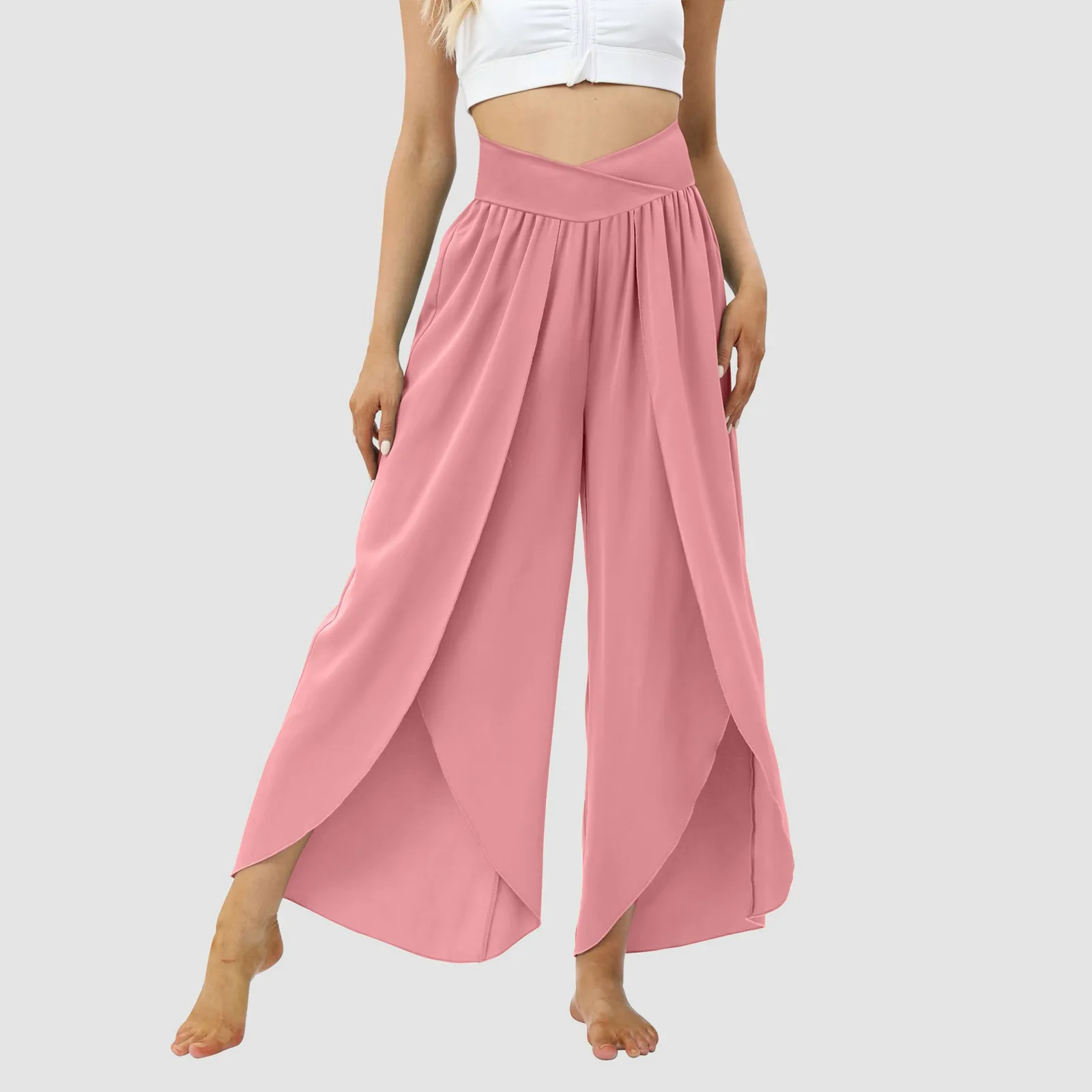 Women Boho Wide Leg Pants Cross Design Elastic High Waist Yoga Pants High Split Beach Wide Leg Pants Hippie Beach Casual Pants