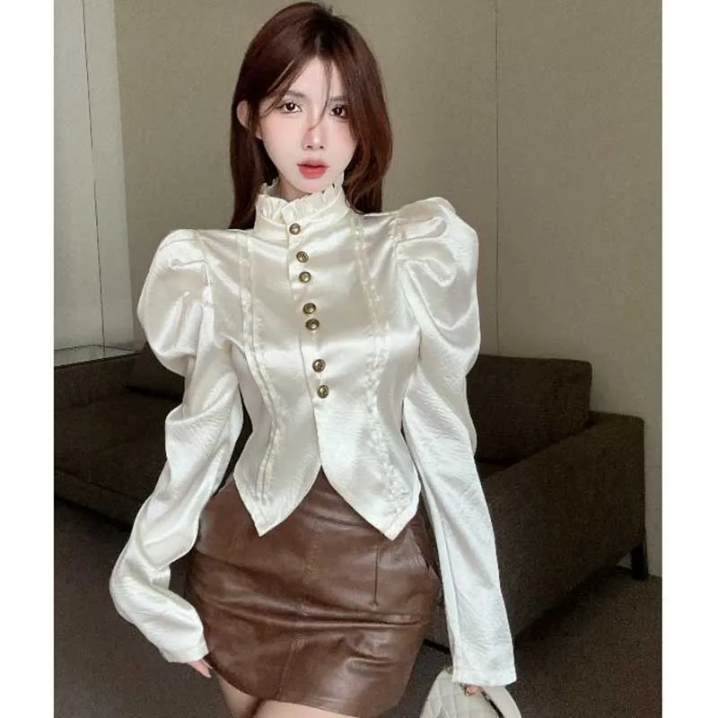 Elegant Stand Collar Ruffles Spliced Puff Sleeve Shirts Women\'s Clothing 2024 Spring New Slim Korean Tops Office Lady Blouses