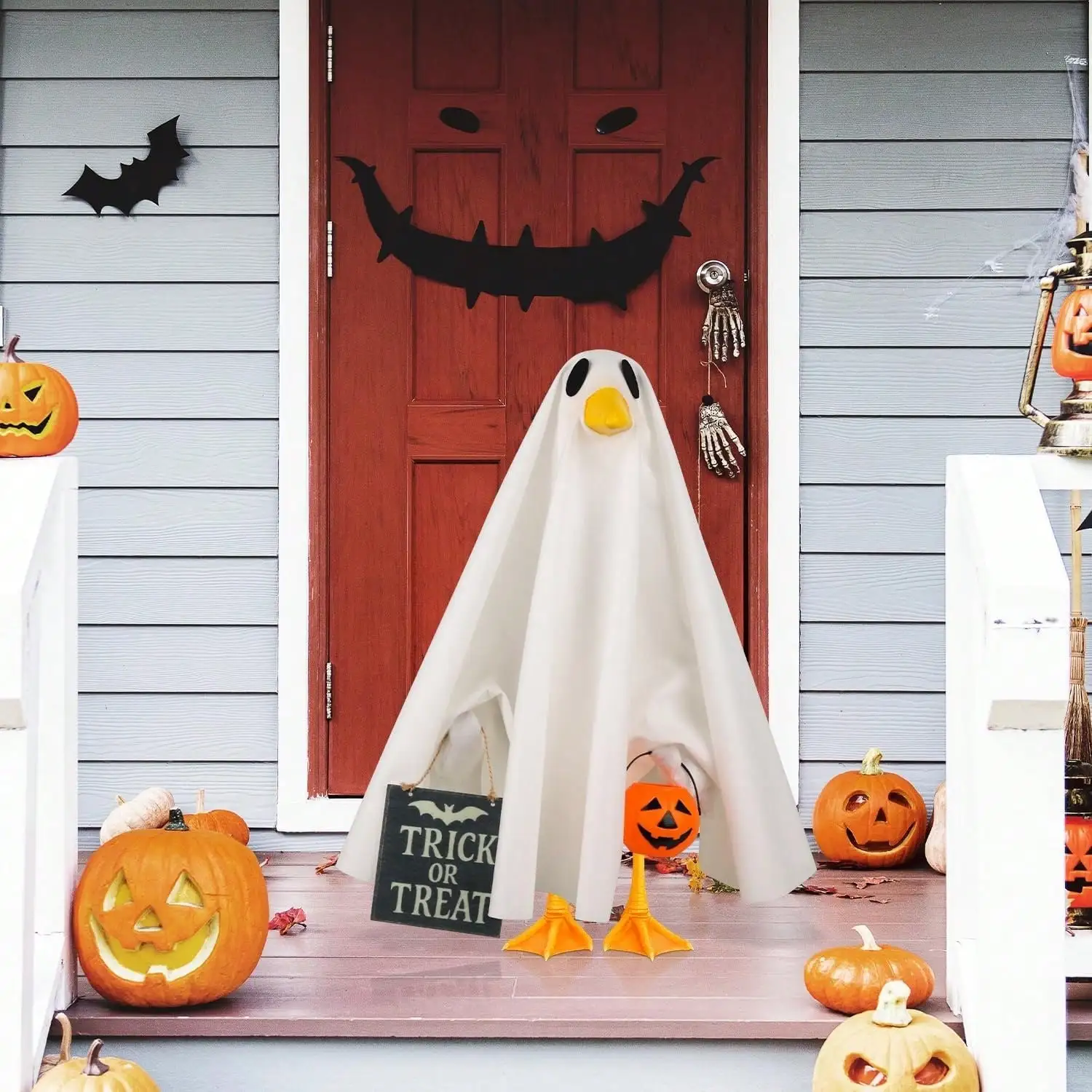3pcs Halloween Porch Goose Costume Ghost Style With Accessories, Suitable For Plastic Cement Goose Statue Yard Garden Lawn Goose Clothes, 23 Inch Autumn Ghost Porch Goose Set, Patio Outdoor Decor