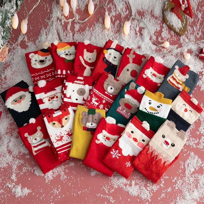 5pcs/set Women Fashion Christmas Socks Deer Snowman Santa Bear Pattern Breathable Lovely Socks Fall Winter Casual Mid-Calf Socks