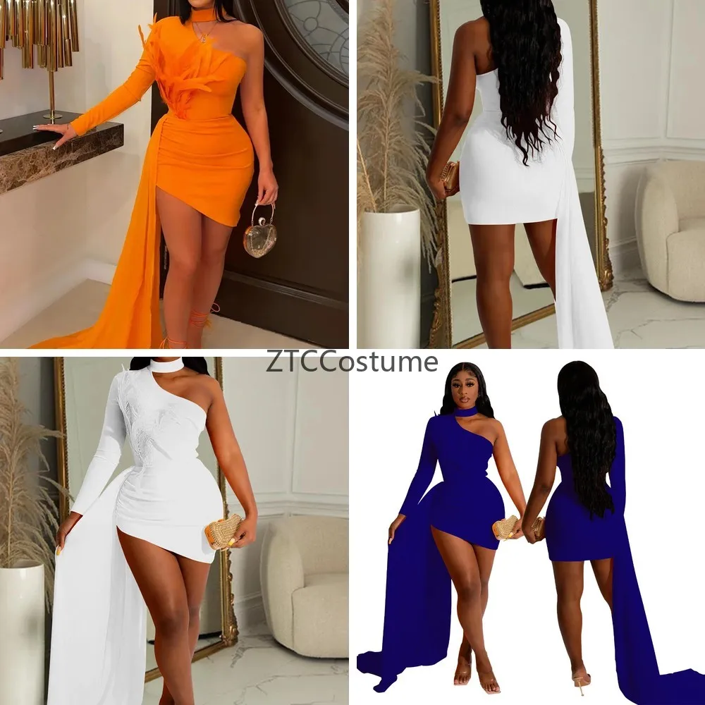 

Sexy Single Shoulder Feather Bodycon Dress Chic Cosplay Party Mini Dress Long Straps Solid Outfits