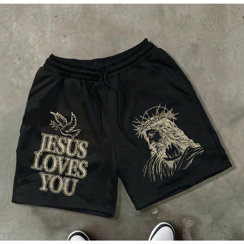 Men's casual loose-fitting summer shorts featuring a Jesus pattern suitable for playing ball sports fitness, and everyday wear