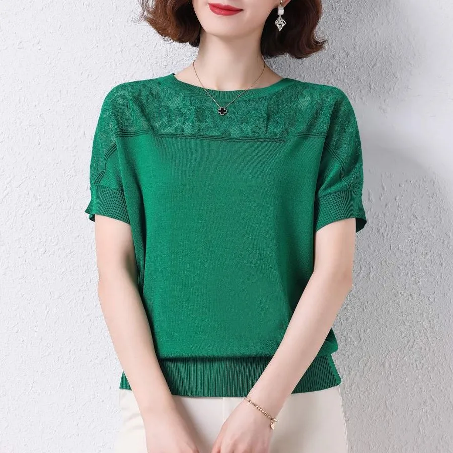 Summer Ice Silk Knitted ort Sve T-irt Women's Slim Fit Hollow out round Ne Top Ele Faion Thin Hollow Sve