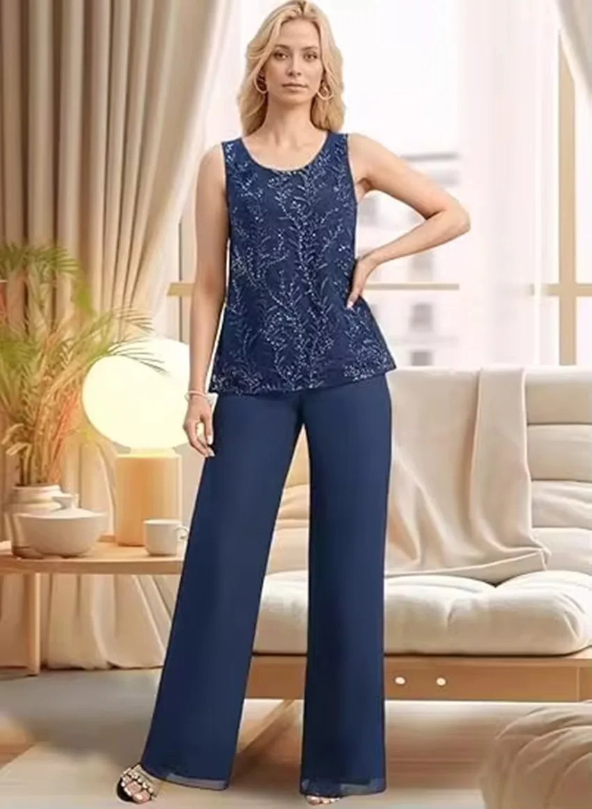 Abiti per la madre della sposa personalizzati Taglie forti 3 Abiti a tre pezzi Pantaloni Abiti da sera con giacca in pizzo ricamato a maniche lunghe