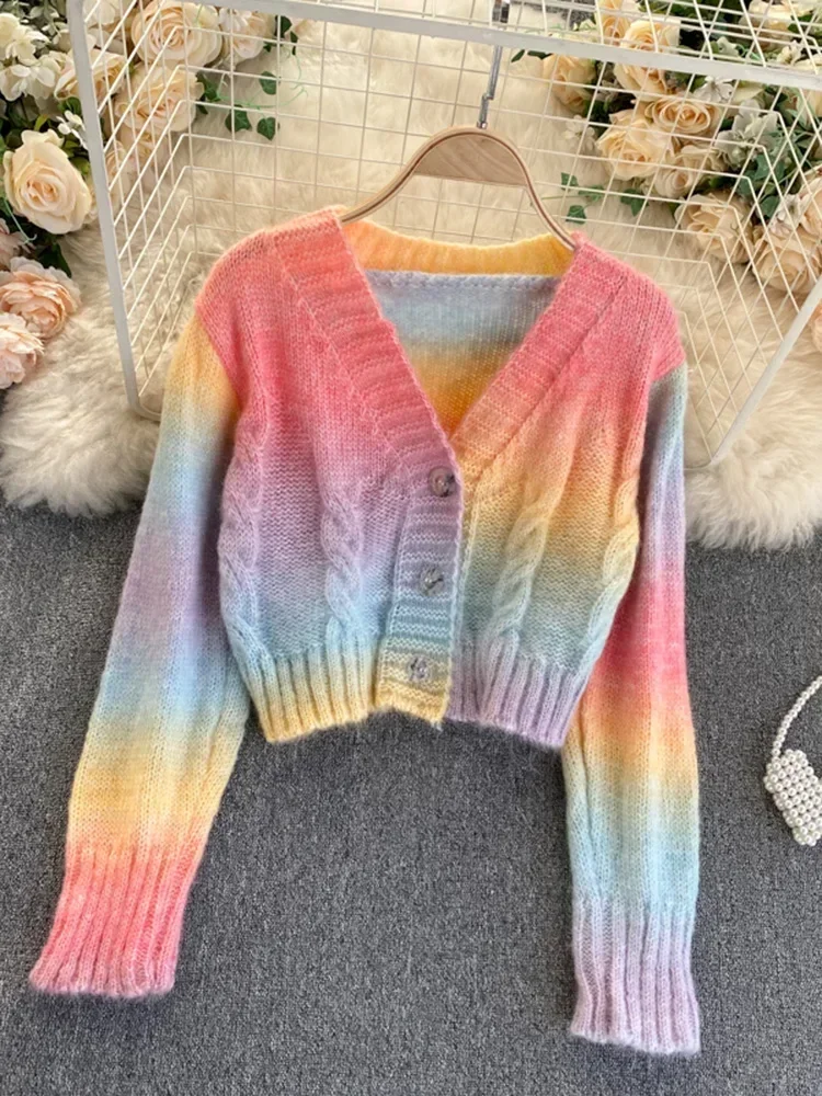 

Осень-зима, новая корейская нежная ветровая куртка, женский короткий универсальный вязаный кардиган в радужную полоску, свитер UK462
