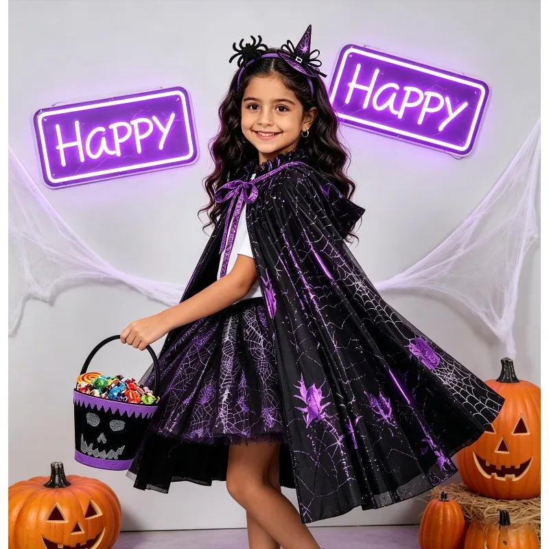 Theeper Black&Purple Halloween Outfit Set Spider Printed Tutu Skirt Headband Carnival Party Stage Performance Festival Decor Kit