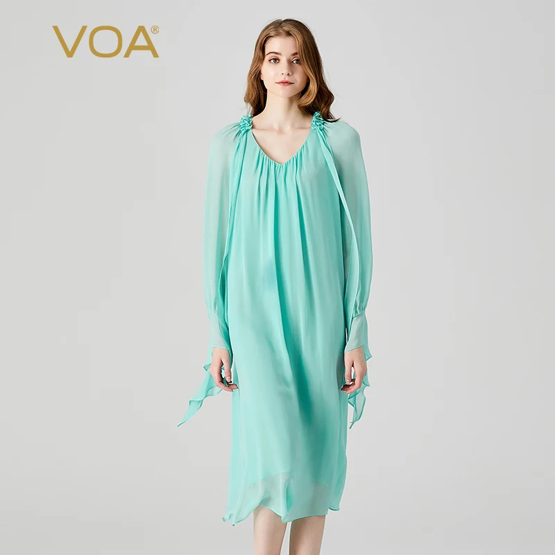 VOA Silk Georgette Emerald Green Ear Edge V-neck Long Sleeve Dresses Women Large Loose Waist Double Layer Silk Dress AE1927