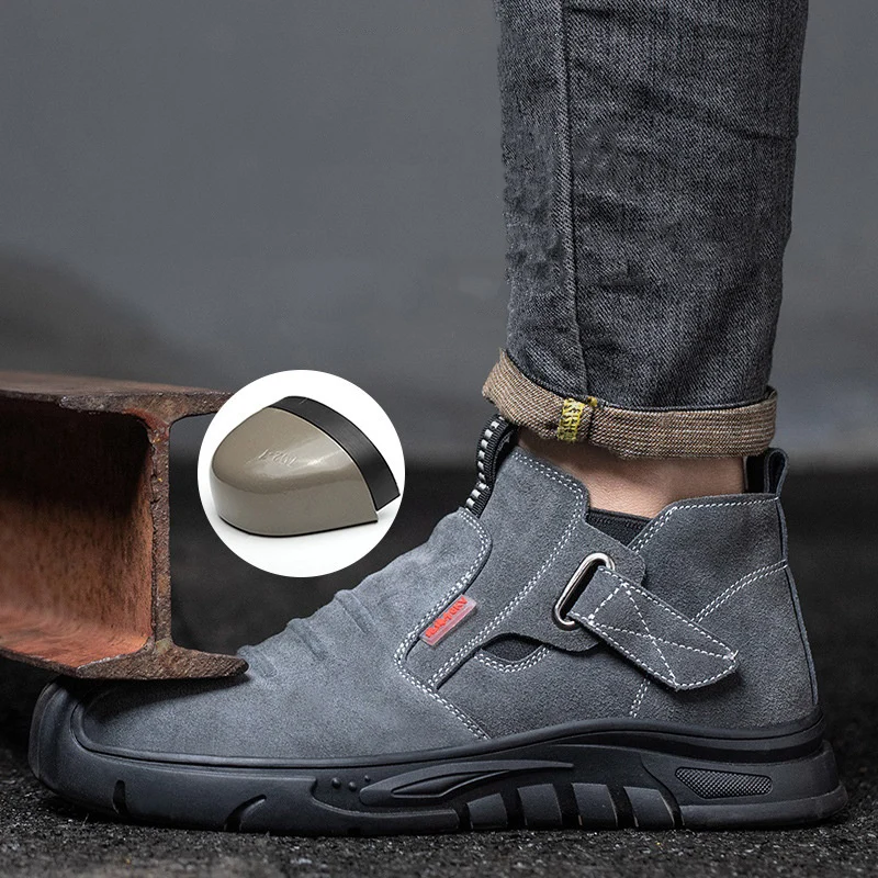 men's casual steel toe caps work safety boots cow suede leather welding shoes slip-on worker ankle botas security footwear mans