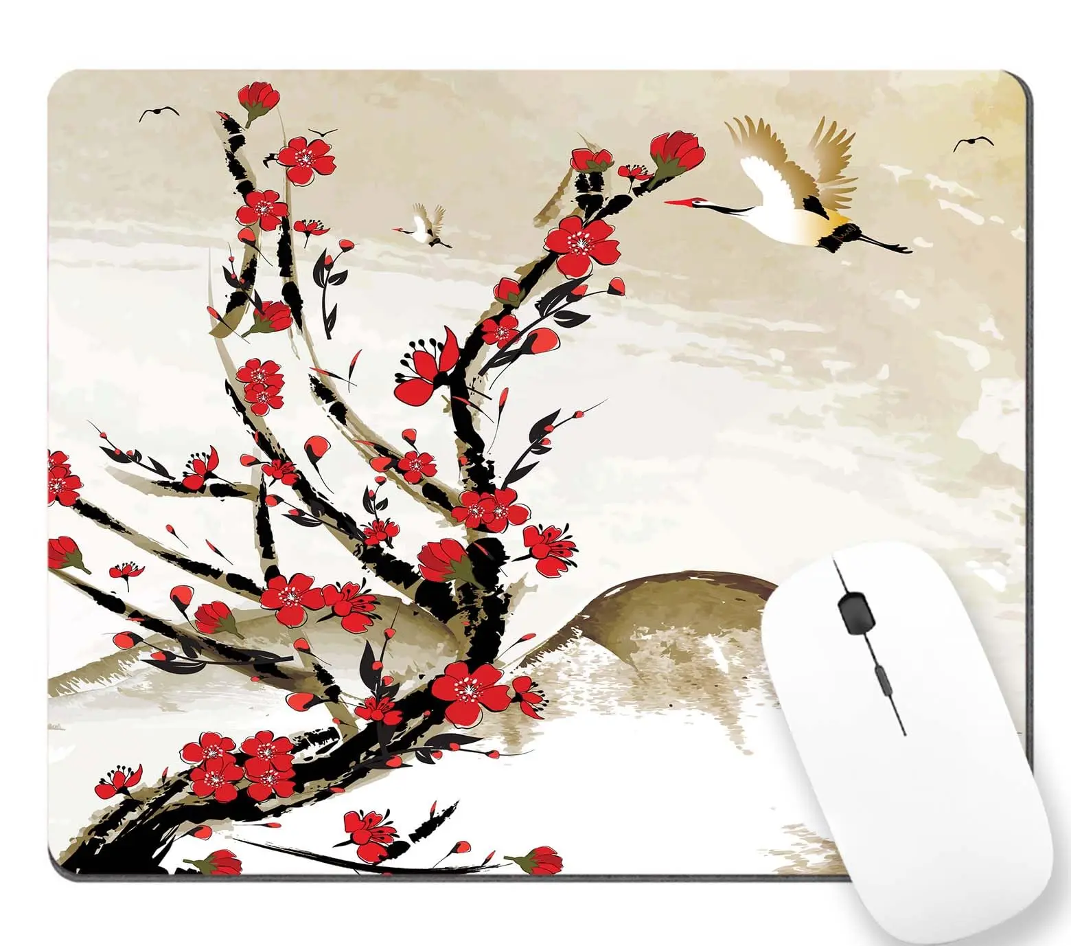 

Retro Cherry Blossom Flower In Mountain With Crane Lock Edge Gaming Mousepad Gamer Mouse Mat Keyboard Mats Desk Pad 22x18cm