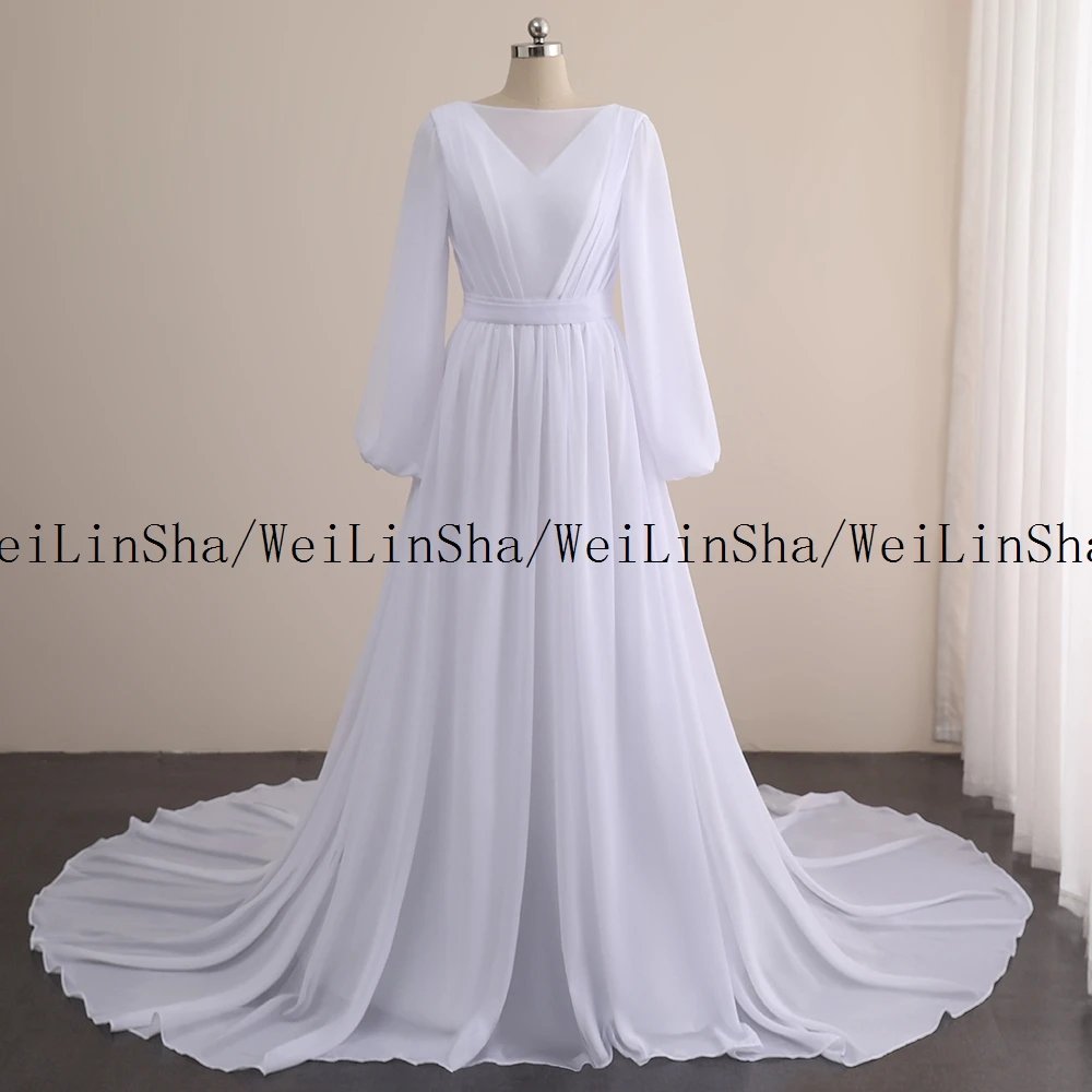 

Chiffon Wedding Dresses Customized Chic White Boat Neck Chapel Train Bridal Gowns 2025 New Real Shot Elegant Women's Dress