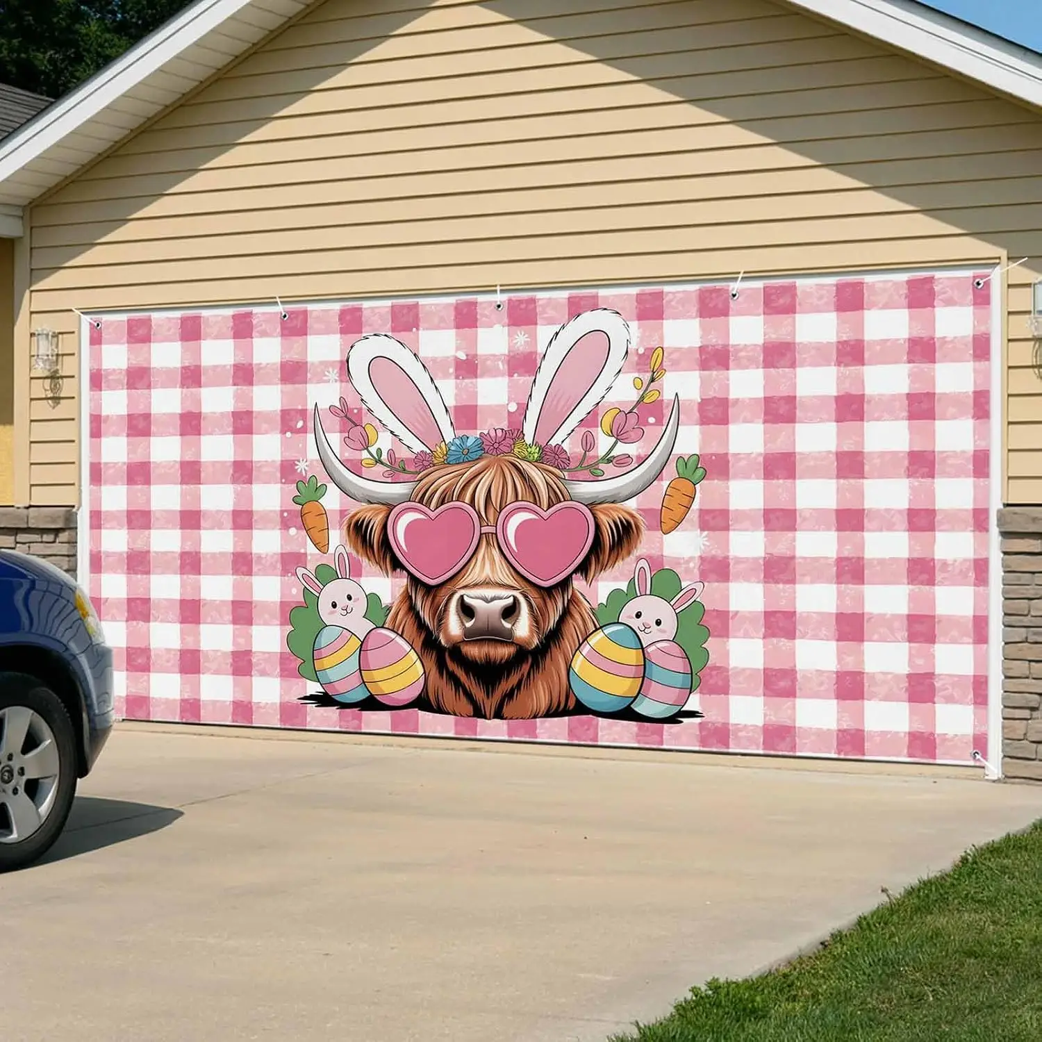 Easter Garage Door Cover 7x16Ft Banner, Cartoon Cute Rabbit Cow Carrots Pink Buffalo Plaid Garage Door Decorations Backdrop for