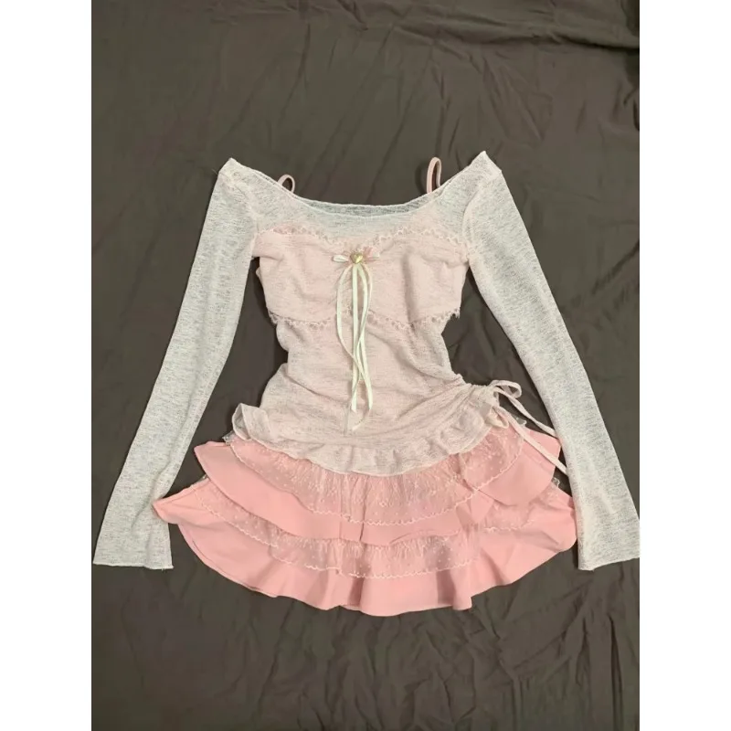

France Sweet Slim Bow 2 Piece Skirt Suit Women Design Sweet Y2k Crop Top Blouse Lace Off Shoulder Vintage Set Chic Skinny Suit