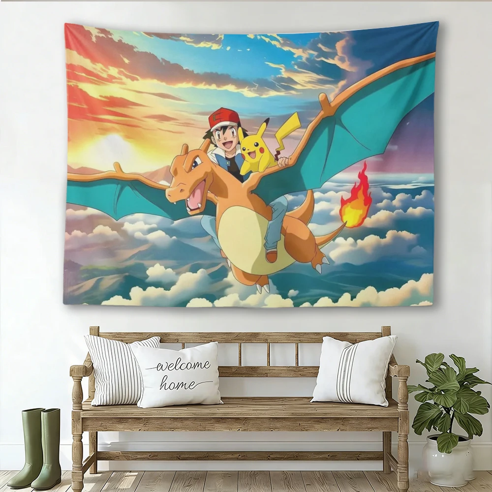 Pokemon Ash Charizard & Pikachu Tapestry, Sunset Sky Flying Scene Wall Hanging, Anime Decor for Bedroom Living Room
