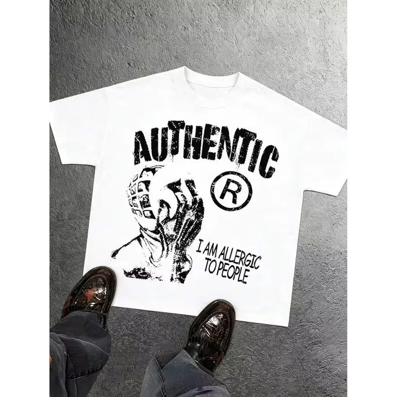 Authentic Globe Hand Print Design I Am Allergic To People Short-Sleeved T-Shirt 100% Cotton Y2K Style Hip-Hop Street Style Digital Print Perfect Gift Choice