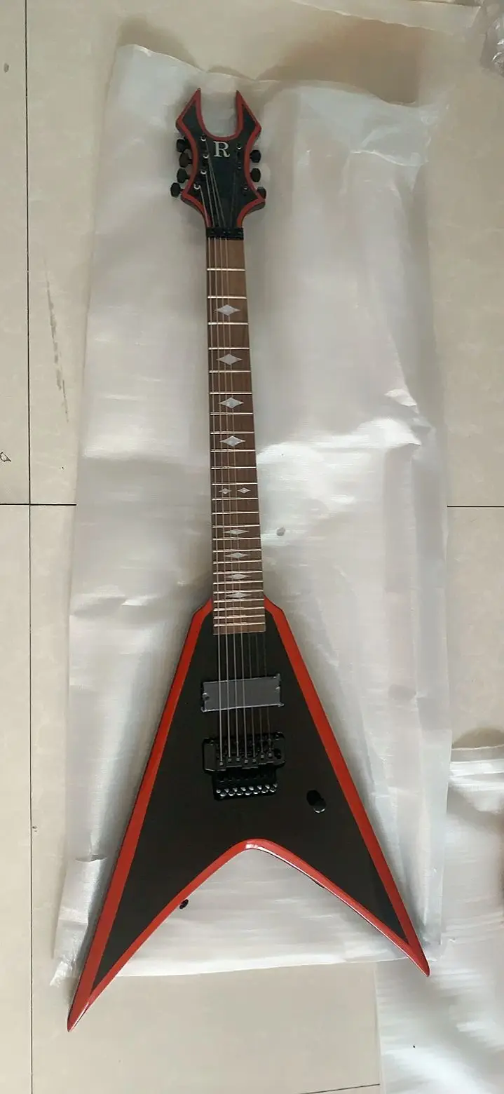 New 7 String Flying V Electric Guitar In Black Red Side 210209